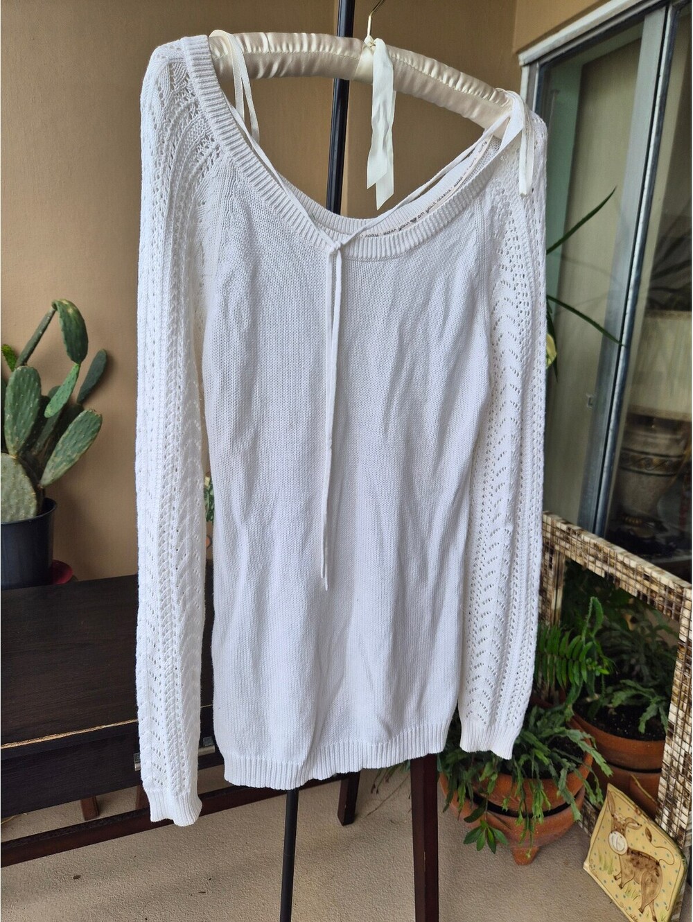 Roxy White Open Knit Lace-Up Sweater Lightweight Pullover Size Large